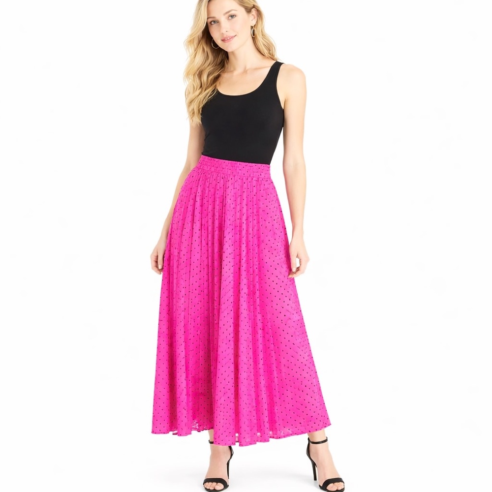 SK&Company Fuchsia Pink Black Polka Dot Pleated Maxi Skirt Size 6 Vintage- NWOT